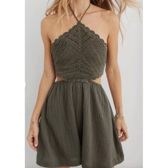 aerie Dresses & Skirts - Aerie NEW Crochet Halter Top Gauze Olive Green LARGE Cottagecore Feminine Dress